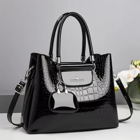 Women Crocodile Pattern Patent Leather Handbag Luxury Glossy Tote Bag With Mini Pouch Shoulder Bag Large Capacity Crossbody Bag