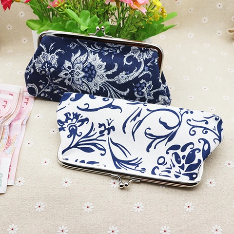 Vintage Floral Canvas Coin Purse Kiss Lock Metal Buckle Wallet Women Ethnic Style Portable Small Clutch Handbag