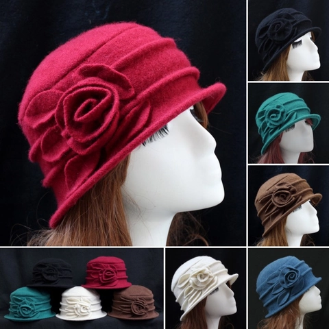 100% Wolle Vintage Elegant Blume Glockenhut Damen Mittleres Alter Winter Warm Filzhut Britischer Stil Mutter Hut