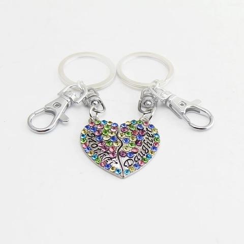 Mother Daughter Split Heart Keychain Alloy Rhinestone Engraved Pendant Gift For Family Love Silver Color
