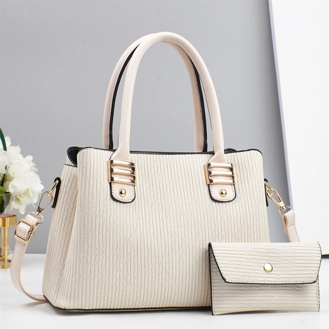 Vertical Wave Texture PU Leather Handbag And Long Wallet Women Top Handle Shoulder Bag Gold Hardware Elegant Office Daily