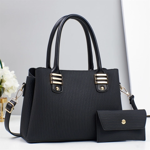 Vertical Wave Texture PU Leather Handbag And Long Wallet Women Top Handle Shoulder Bag Gold Hardware Elegant Office Daily