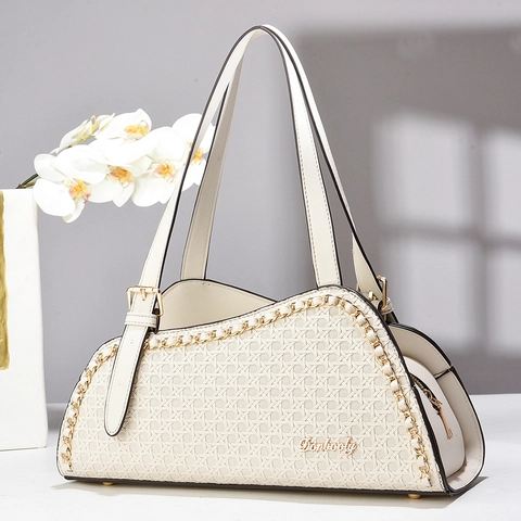 Sac À Main En Cuir PU À Texture Tissée Avec Chaîne Dorée Sac À Épaule Élégant Grand Fourre-tout Pour Femme