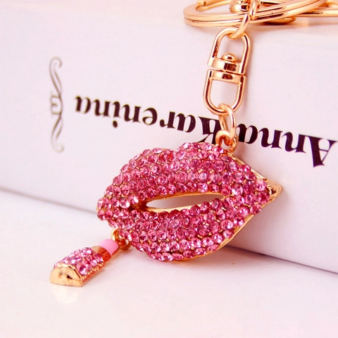 Fashion Lip Mouth Lipstick Keychain Rhinestone Inlaid Zinc Alloy Sparkling Bag Charm Accessory For Women