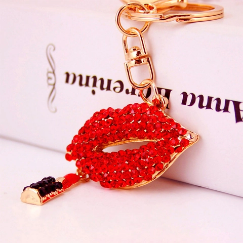Fashion Lip Mouth Lipstick Keychain Rhinestone Inlaid Zinc Alloy Sparkling Bag Charm Accessory For Women