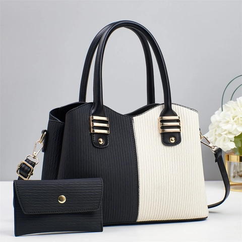 Damen Umhängetasche Und Geldbörse PU Leder Vertikale Wellenstruktur Color Block Retro Handtasche Große Kapazität Abnehmbarer Riemen