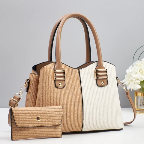 Damen Umhängetasche Und Geldbörse PU Leder Vertikale Wellenstruktur Color Block Retro Handtasche Große Kapazität Abnehmbarer Riemen