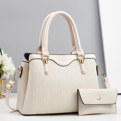 Borsa A Mano Da Donna E Portafoglio Lungo Pelle PU Trama A Onde Hardware Dorato Dettaglio Fiocco Grande Capacità Moda Urbana Borsa