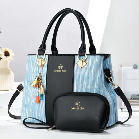 Elegante Borsa Da Donna In Pelle PU E Pochette Tote A Righe Decoro Con Nappe Manico In Metallo Tracolla Rimovibile Chic