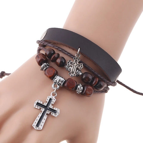 Retro Multi-Layer Cowhide Leather Bracelet With Wood Beads And Alloy Double Cross Pendants Adjustable Hemp Rope Jewelry For Men Women
