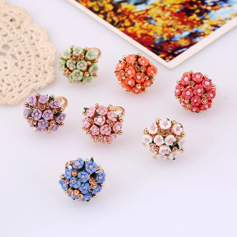Bloem Cluster Sieraden Legering Keramiek Resin Strass Verstelbare Ring Oorbellen Voor Vrouwen Mode Elegant Bloemen