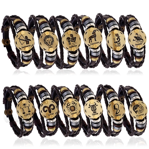 Pulsera Trenzada De Cuero Con Signos Del Zodíaco Cuentas De Aleación Y Madera Joyería Punk Ajustable Para Hombre Y Mujer