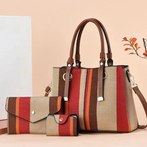 Vintage Ριγέ Υφαντή Δερμάτινη Τσάντα Tote Φάκελος Clutch Και Θήκη Καρτών Κομψή Καθημερινή Τσάντα Ώμου Για Γυναίκες