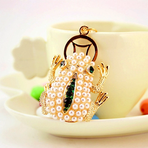 Cute Frog Keychain Gold Plated Zinc Alloy Faux Artificial Pearl Green Rhinestone Fortune Toad Animal Bag Charm Lucky Gift For Women