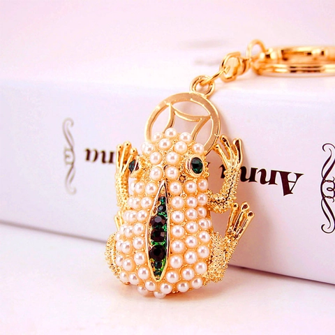 Cute Frog Keychain Gold Plated Zinc Alloy Faux Artificial Pearl Green Rhinestone Fortune Toad Animal Bag Charm Lucky Gift For Women
