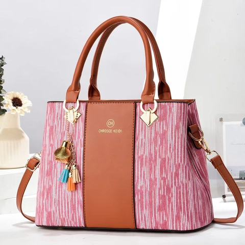 Borsa Tote Donna In Pelle PU Patchwork A Righe Borsa A Tracolla Con Ciondolo A Nappa Grande Capacità Versatile