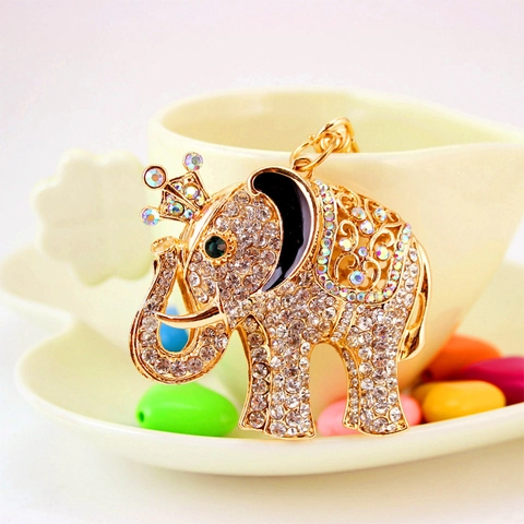 Schattige Gouden Metalen Kroon Olifant Sleutelhanger Met Fonkelende Strass Dierlijke Tas Hanger Auto Sleutelring Sieraden Cadeau