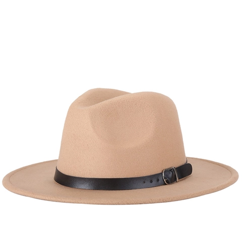 Classic Wool Felt Fedora Hat Wide Brim Jazz Cap With Belt Buckle Adjustable Elegant British Style For Men Women