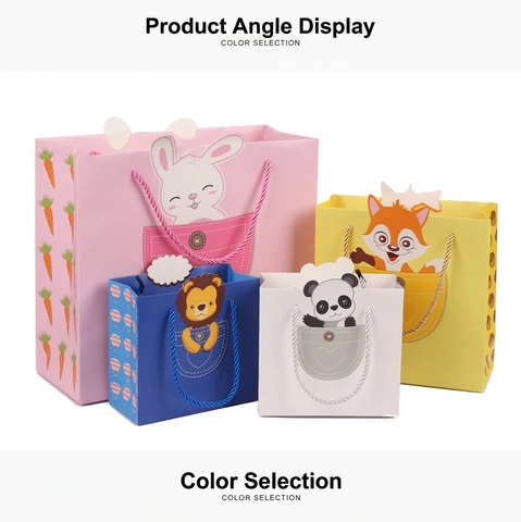 Bolsas De Regalo Animales Dibujos Animados Bolsas De Cartón Blanco Con Asa Trenzada Para Cumpleaños Rosa Azul Amarillo