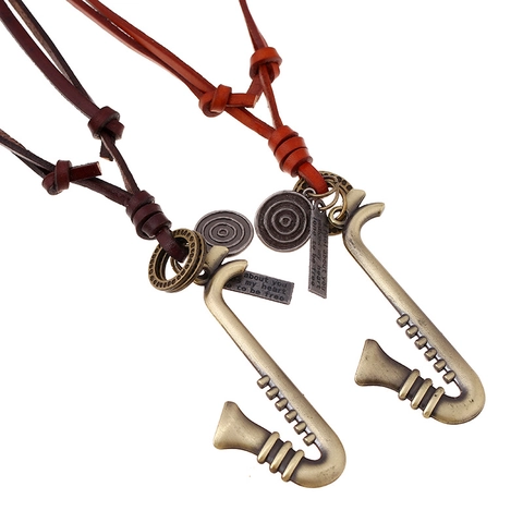 Collier Pendentif Saxophone Vintage Alliage Avec Cordon En Cuir Véritable Réglable Chaîne De Pull Rétro Unisexe