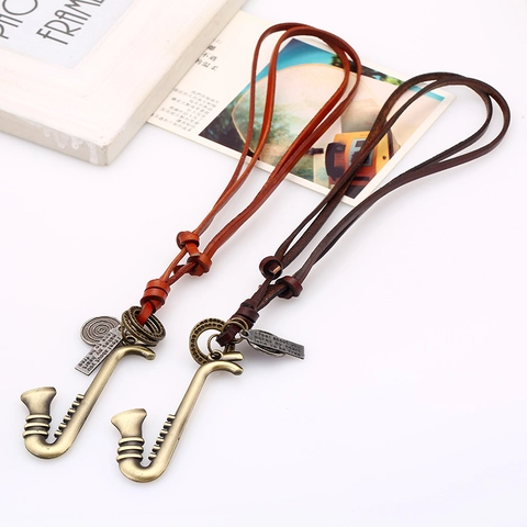 Collier Pendentif Saxophone Vintage Alliage Avec Cordon En Cuir Véritable Réglable Chaîne De Pull Rétro Unisexe