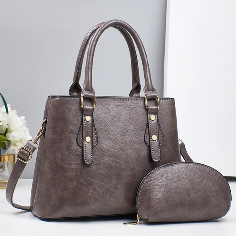 Women PU Leather Handbag And Pouch Litchi Grain Crossbody Tote With Gold Hardware Retro Versatile Elegant