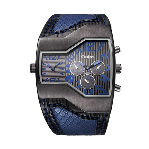 Oulm Mens Large Irregular Case Dual Time Zone Quartz Watch With Alloy Case And Leather Strap Industrial Casual Sport