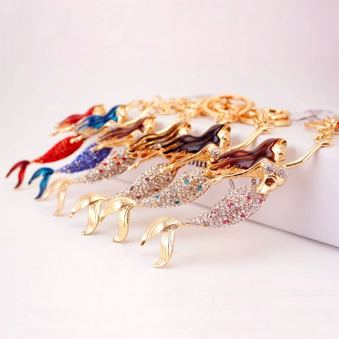 Porte-clés Sirène en Strass de Luxe en Alliage de Zinc Doré Pendentif Émaillé Paillettes Style Ariel Charme de Sac pour Femmes