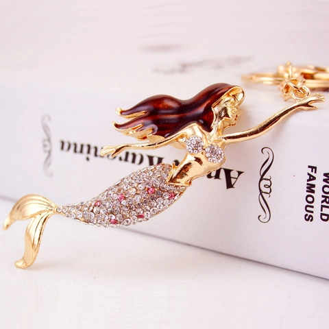 Porte-clés Sirène en Strass de Luxe en Alliage de Zinc Doré Pendentif Émaillé Paillettes Style Ariel Charme de Sac pour Femmes