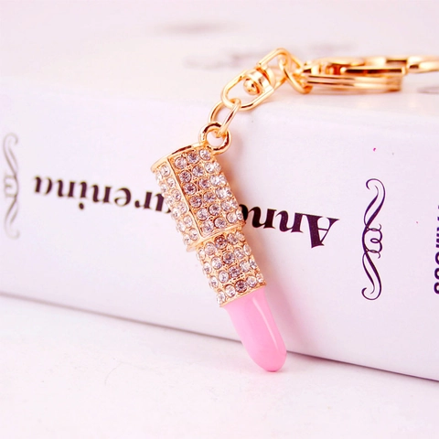 Creative Rhinestone Lipstick Keychain Women Zinc Alloy Crystal Lip Stick Bag Charm Pendant Fashion Key Ring Decoration