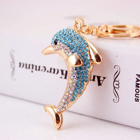 Shiny Rhinestone Dolphin Keychain Zinc Alloy Sea Animal Bag Charm Golden Metal Key Ring Pendant For Women Girls Jewelry