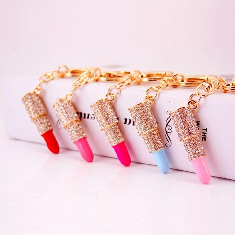 Creative Rhinestone Lipstick Keychain Women Zinc Alloy Crystal Lip Stick Bag Charm Pendant Fashion Key Ring Decoration