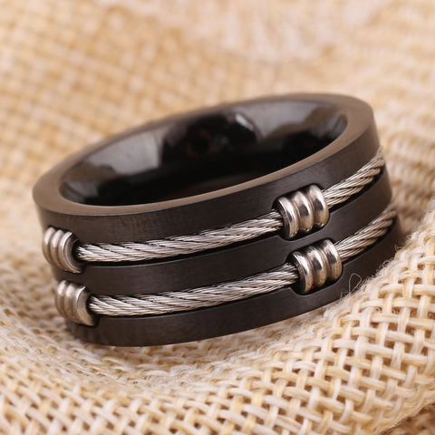 Anillo De Acero Inoxidable 304 Negro Con Doble Incrustación De Cable De Acero Plateado Estilo Punk Industrial Para Hombres
