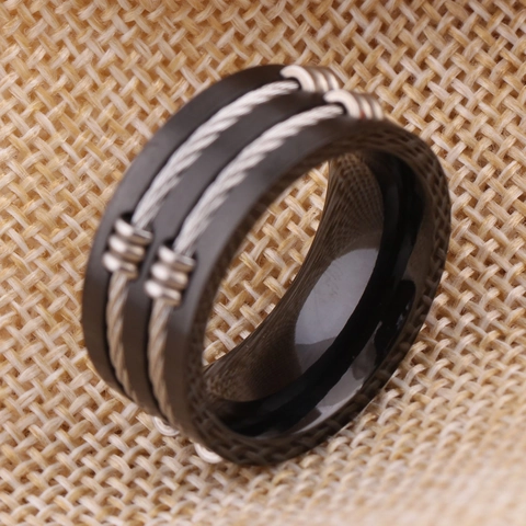 Anillo De Acero Inoxidable 304 Negro Con Doble Incrustación De Cable De Acero Plateado Estilo Punk Industrial Para Hombres
