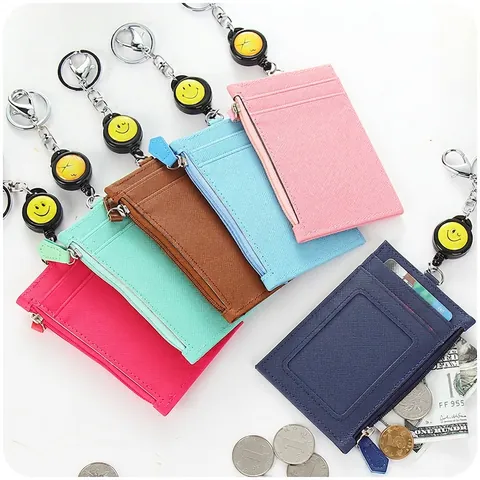 Multifunctional Card Holder PU Leather Retractable Badge Reel Keychain Zipper Coin Purse ID Window Office Supplies