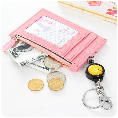 Multifunctional Card Holder PU Leather Retractable Badge Reel Keychain Zipper Coin Purse ID Window Office Supplies