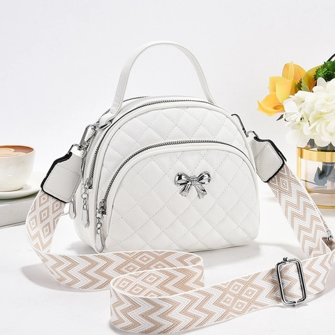 Dames Doorgestikte PU-Leren Emmer Tas Elegante Crossbody Tas Met Drie Ritsslagen Strik En Geometrische Brede Schouderband