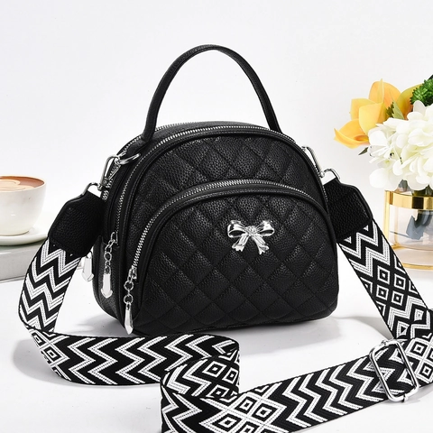 Dames Doorgestikte PU-Leren Emmer Tas Elegante Crossbody Tas Met Drie Ritsslagen Strik En Geometrische Brede Schouderband