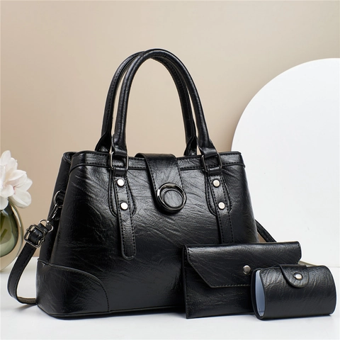 Ensemble Sac à Main Portefeuille Et Pochette Femme Motif Litchi Vintage Cuir Synthétique Sac Fourre-Tout Pour Bureau Quotidien