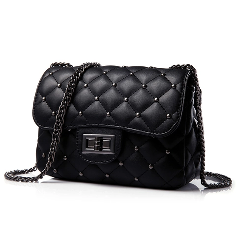 Quilted Diamond Lattice Rivet Shoulder Crossbody Bag PU Leather Metal Chain Strap Turn Lock Fashion Bag For Women
