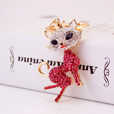 Katze Schlüsselanhänger Strass Kristall Zinklegierung Metall Tier Tasche Anhänger Auto Schlüsselring Schmuck Für Damen Funkelnd