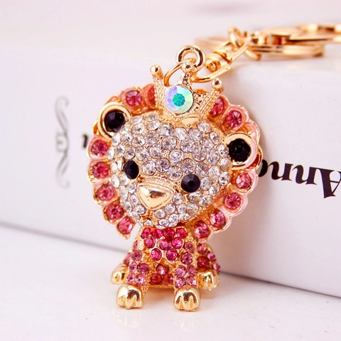 Creative Cute Rhinestone Cartoon Lion Keychain Gold Plated Zinc Alloy Animal Bag Pendant Crowned Lion Keyring For Women Girls Gift