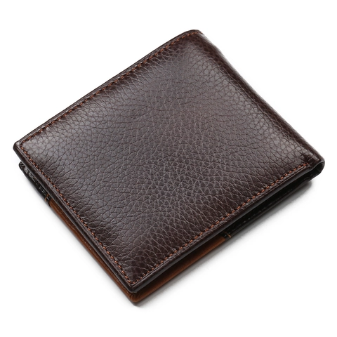 Cartera Hombre Bifold Cuero Genuino Piel Vaca Color Block Vintage Corta Con Bolsillo Monedas Cremallera Ranuras Tarjetas