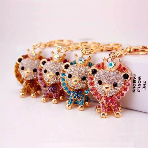 Creative Cute Rhinestone Cartoon Lion Keychain Gold Plated Zinc Alloy Animal Bag Pendant Crowned Lion Keyring For Women Girls Gift