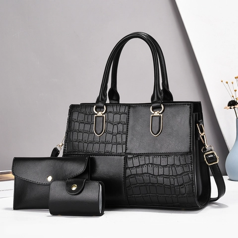 Sac À Main Femme En Cuir PU Tote Motif Crocodile Épissage Grande Capacité Sac À Épaule Pochette Porte Carte