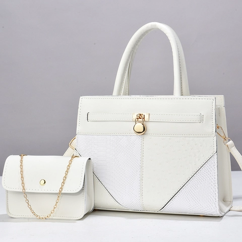 Luxury Patchwork PU Leather Handbag And Chain Crossbody Bag With Golden Round Lock And Ostrich Snake Texture
