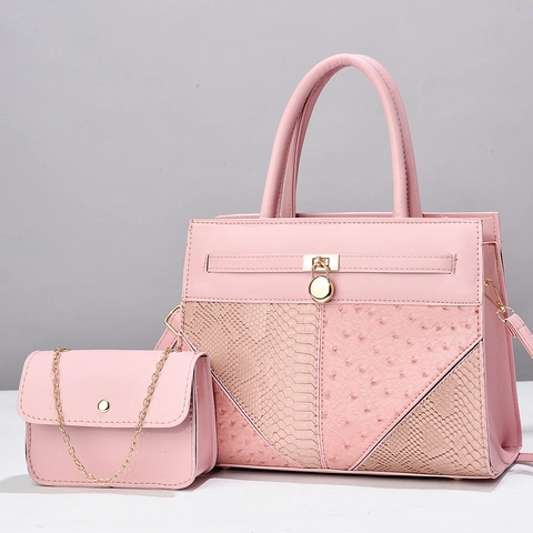 Luxury Patchwork PU Leather Handbag And Chain Crossbody Bag With Golden Round Lock And Ostrich Snake Texture