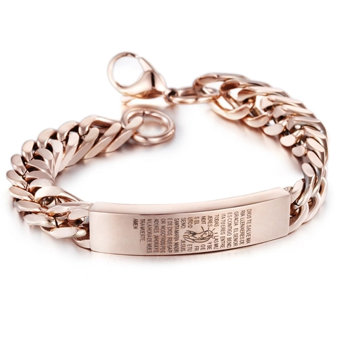 316L Edelstahl Herren Armband Panzerkette Spanisch Ave Maria Gebet Religiöse ID Platte Vintage Gotischer Schmuck