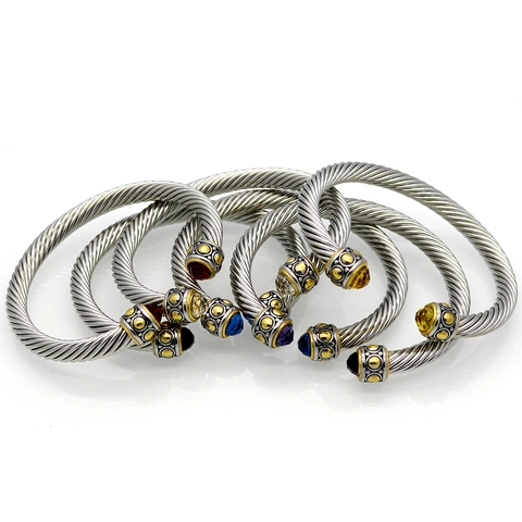 Stainless Steel Cable Cuff Bangle Twisted Wire Bracelet With Colorful Rhinestone Ends Open Adjustable Jewelry Unisex