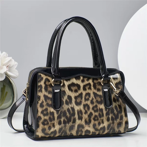 Borsa a Mano da Donna Elegante Con Stampa Leopardata in Pelle Verniciata PU Borsa Boston Tracolla Con Tracolla Rimovibile